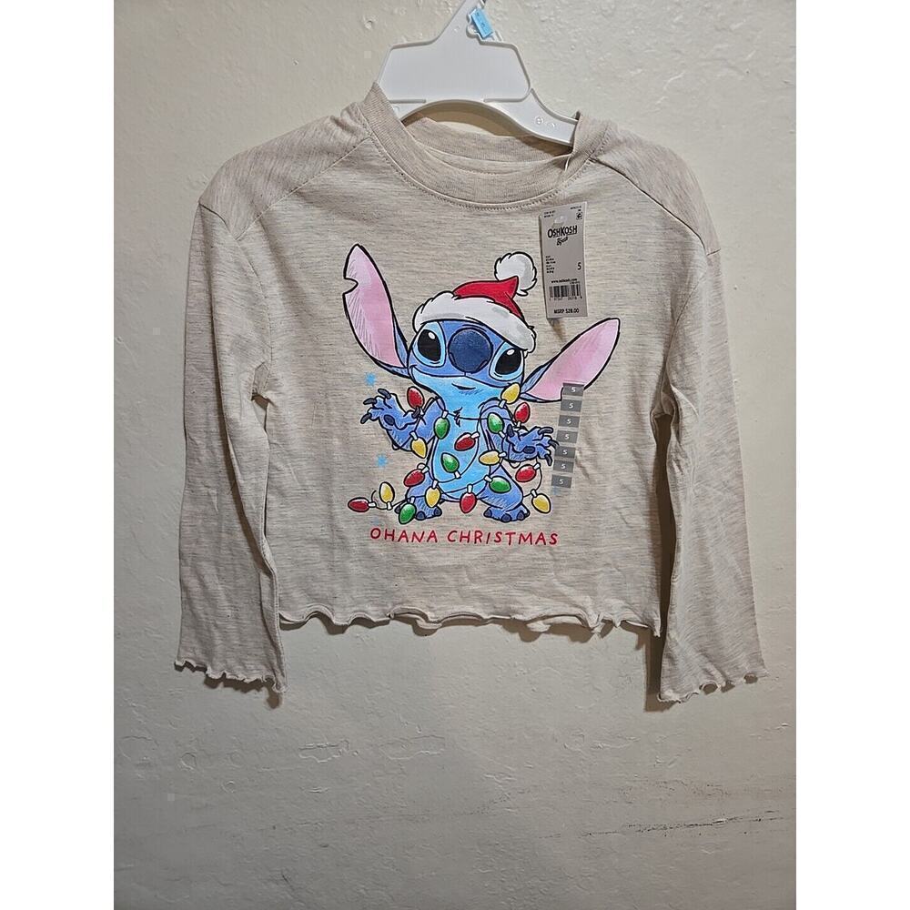 Disney Stitch Kids Girls Ohana Christmas Cute Santa Stitch Shirt Oatmeal Sz 5